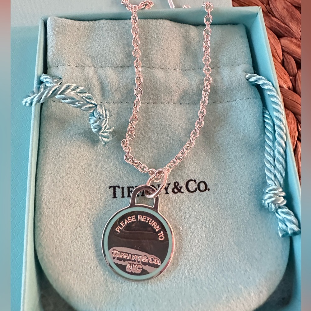 Authentic Tiffany and Co blue enamel boarder charm necklace